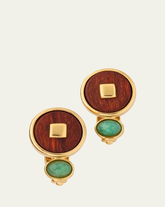Gold Plated Wood Circle Clip Earrings with Green Semi Precious Stone
